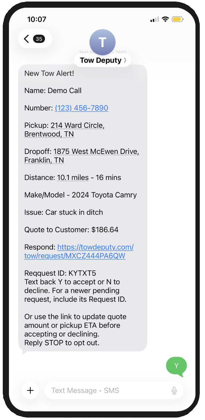 Tow Deputy - AI Towing Dispatch Software SMS Alert on iPhone