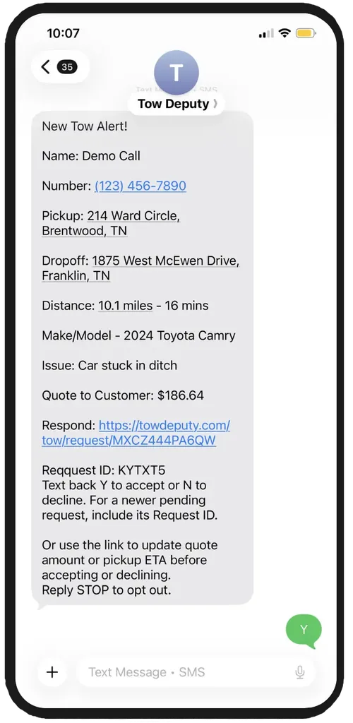 Tow Deputy - AI Towing Dispatch Software SMS Alert on iPhone